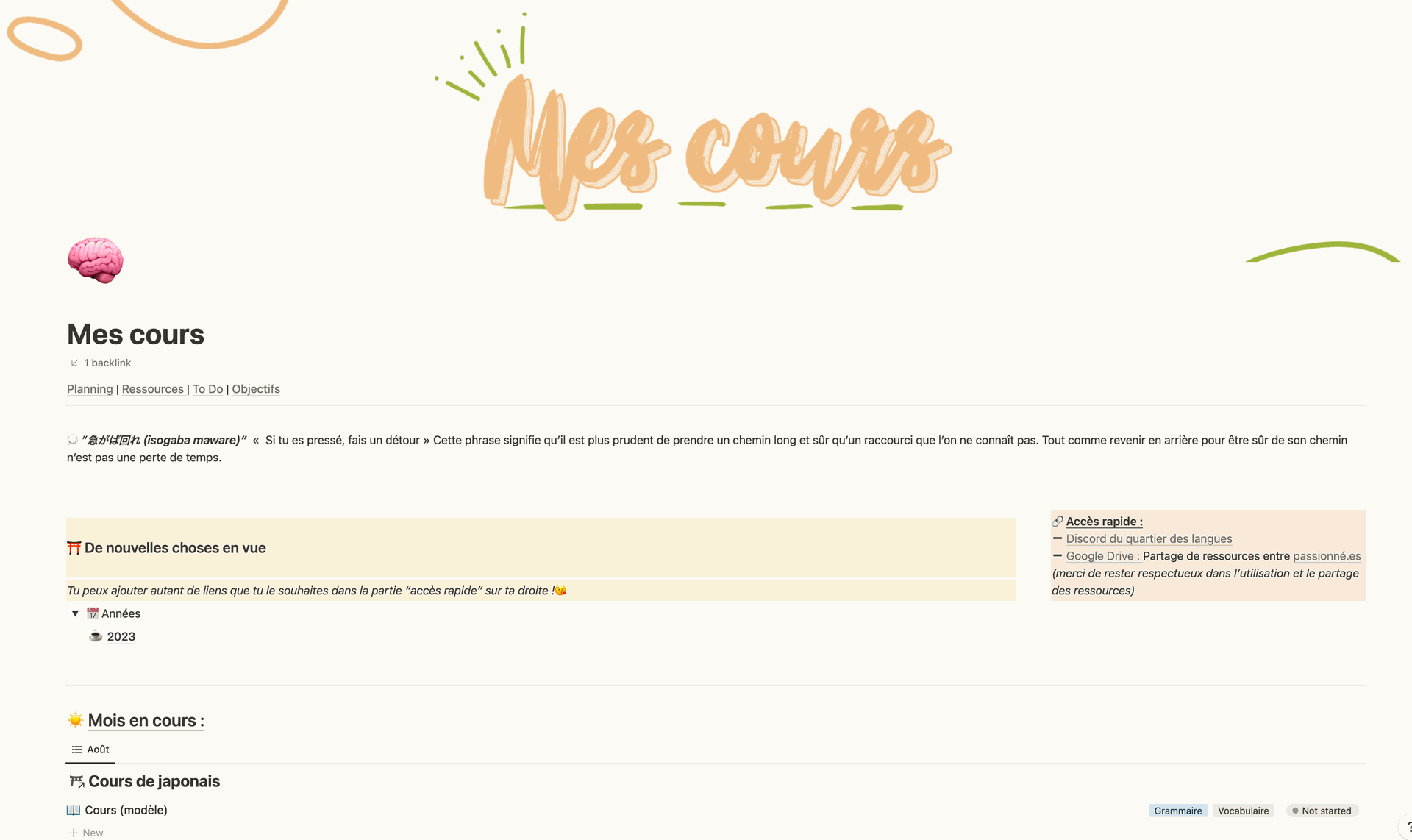 Template Notion pour apprendre le japonais