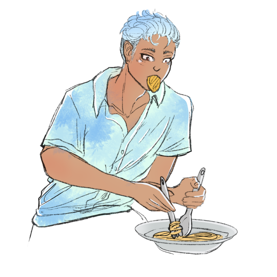 Personnage mangeant des spaguetti